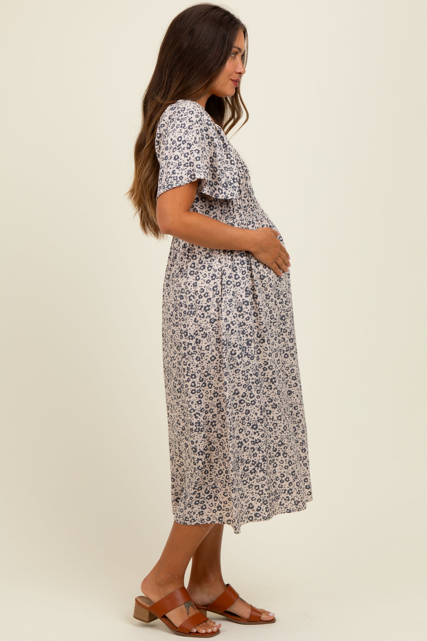 Taupe/Black Printed Maternity Dress With Pockets