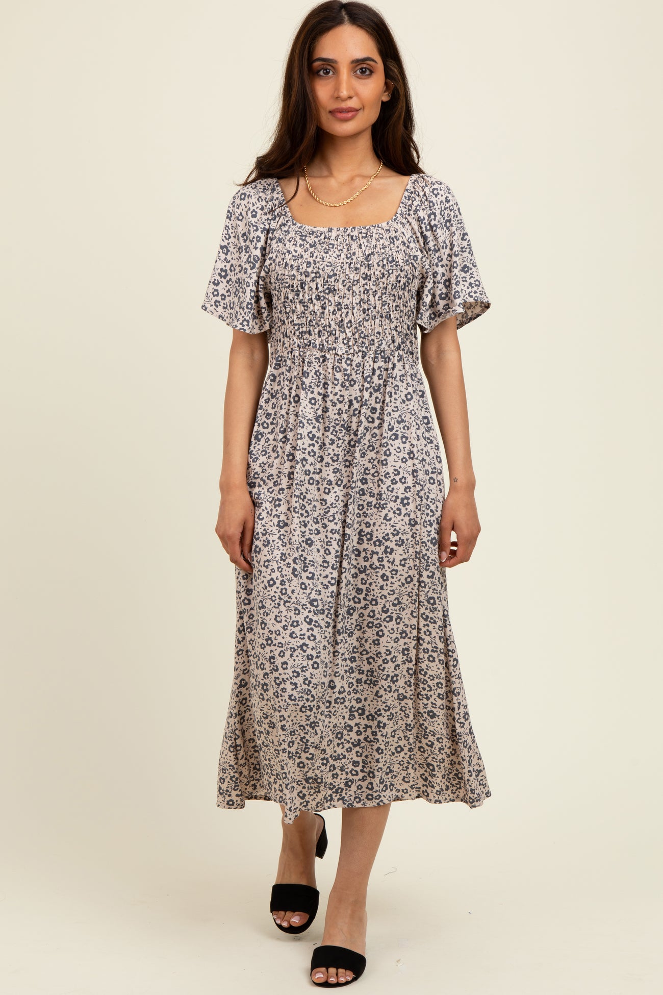 Taupe/Black Printed Maternity Dress With Pockets