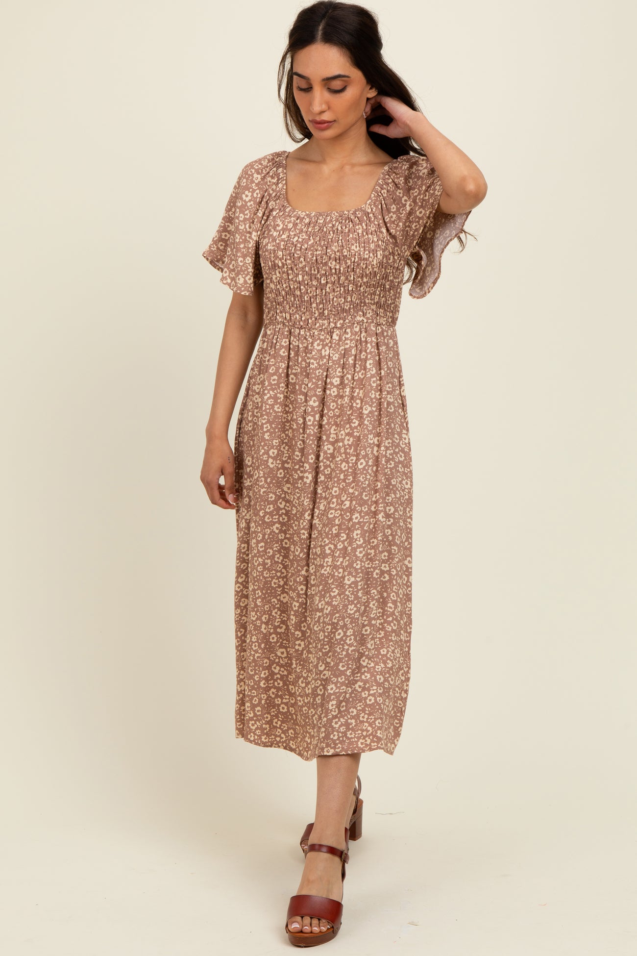 Mocha Printed Dress With Pockets