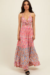Pink Floral Twist Front Cut Out Tiered Maternity Maxi Dress