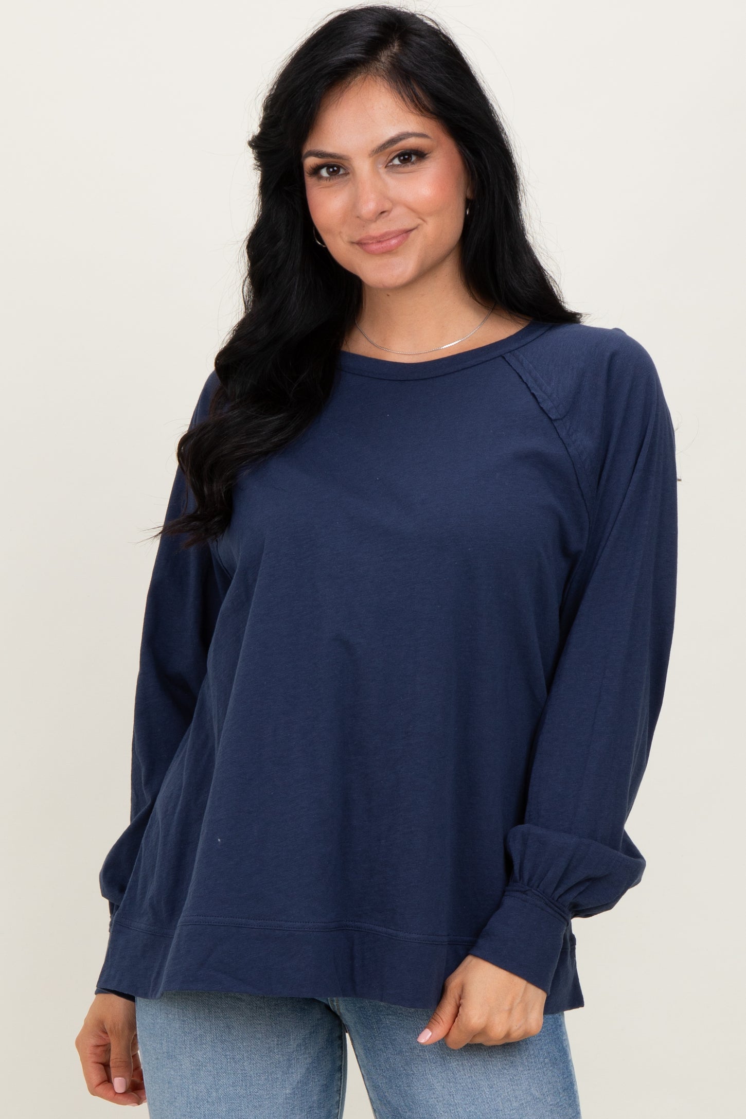 Navy Oversized Cotton Slub Long Sleeve Maternity Top