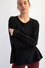 Black Oversized Cotton Slub Long Sleeve Maternity Top