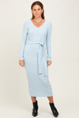 Light Blue Solid Brushed Rib Long Sleeve V-Neck Fitted Maternity Midi Dress