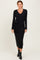 Black Solid Brushed Rib Long Sleeve V-Neck Fitted Midi Dress