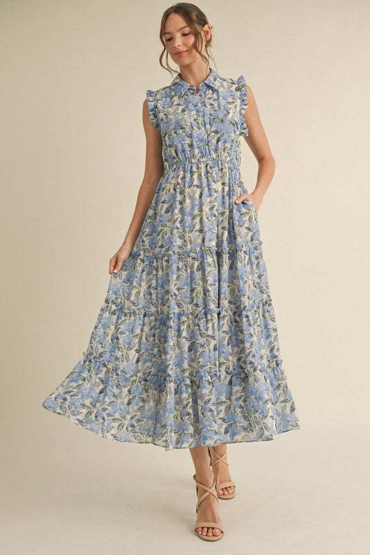 Blue Floral Print Frilled Pocketed Midi Dress