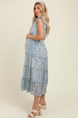 Blue Floral Print Frilled Pocketed Maternity Midi Dress