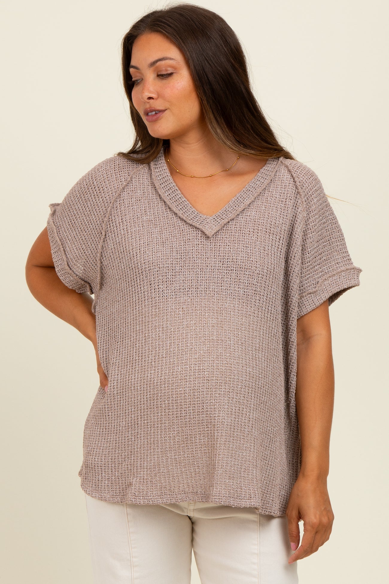 Mocha Short Sleeve V-Neck Solid Waffle Knit Maternity Top