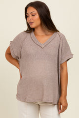 Mocha Short Sleeve V-Neck Solid Waffle Knit Maternity Top