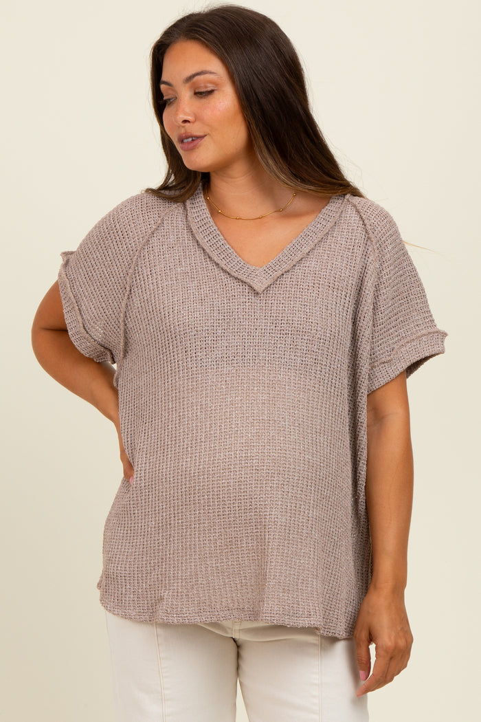 Mocha Short Sleeve V-Neck Solid Waffle Knit Maternity Top