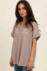 Mocha Short Sleeve V-Neck Solid Waffle Knit Top
