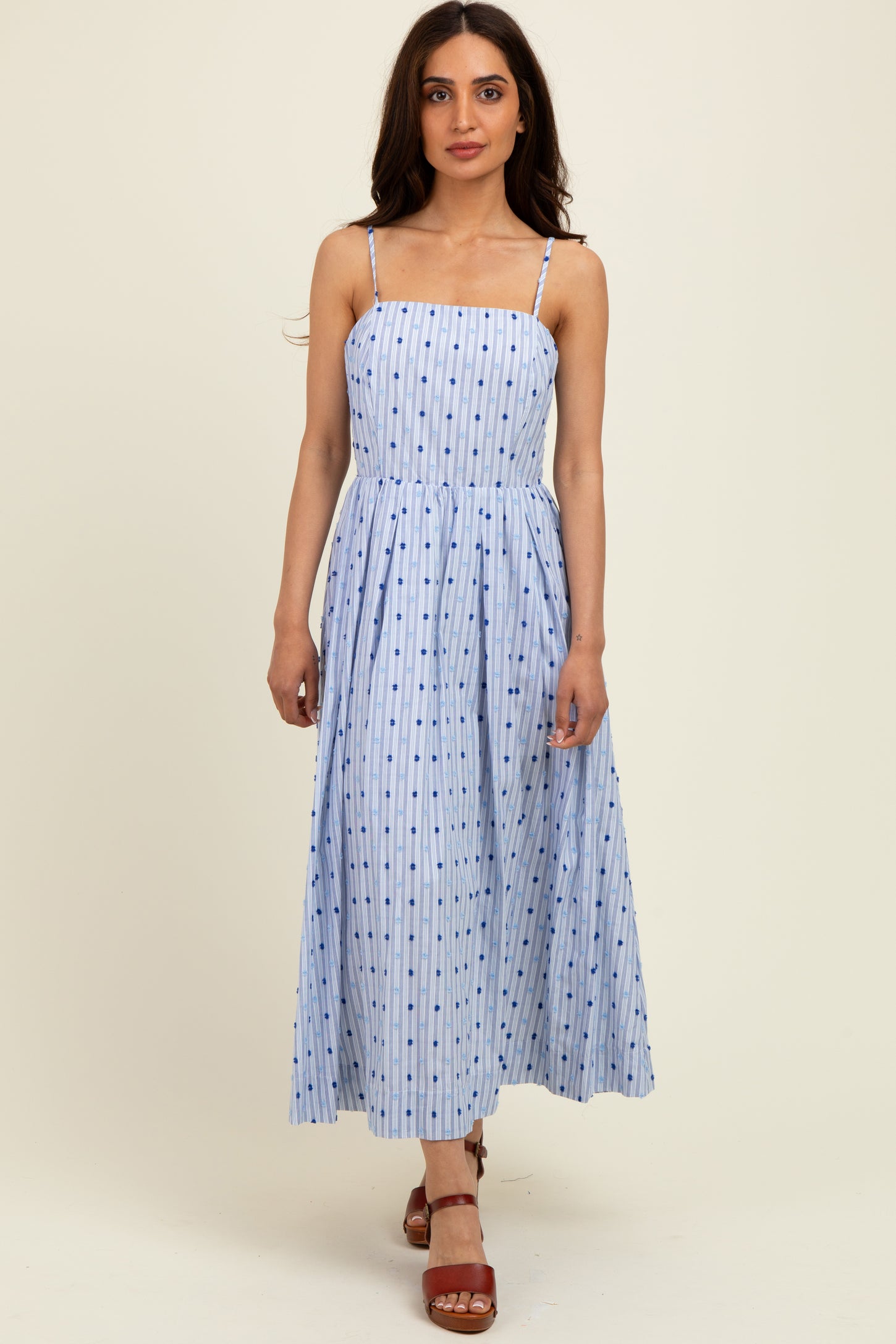 Blue Striped Swiss Dot Sleeveless Maternity Midi Dress