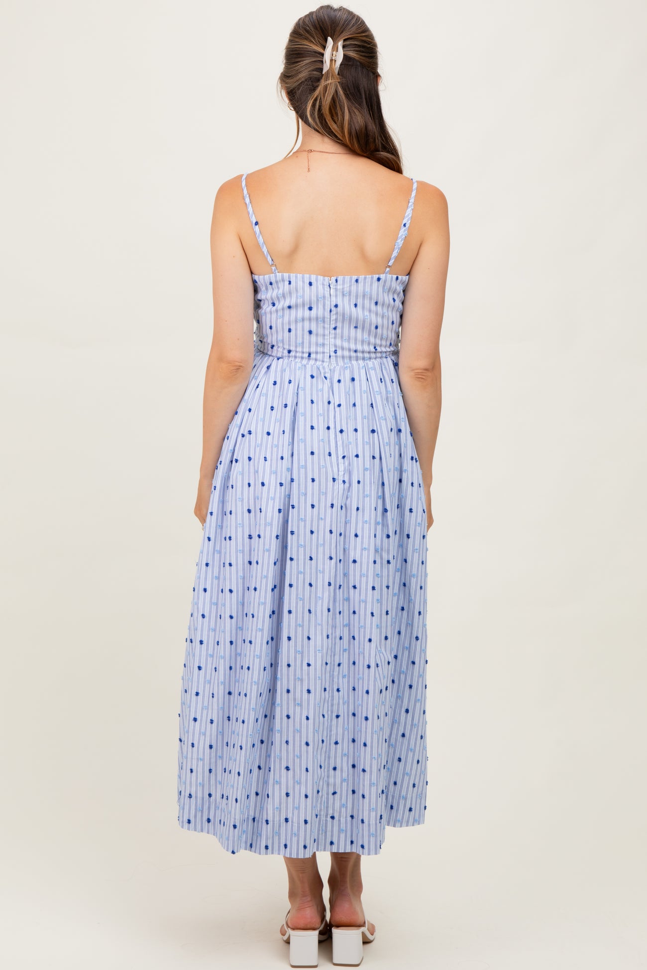 Blue Striped Swiss Dot Sleeveless Maternity Midi Dress