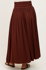 Brown Smocked Waistband Pleated Maternity Maxi Skirt