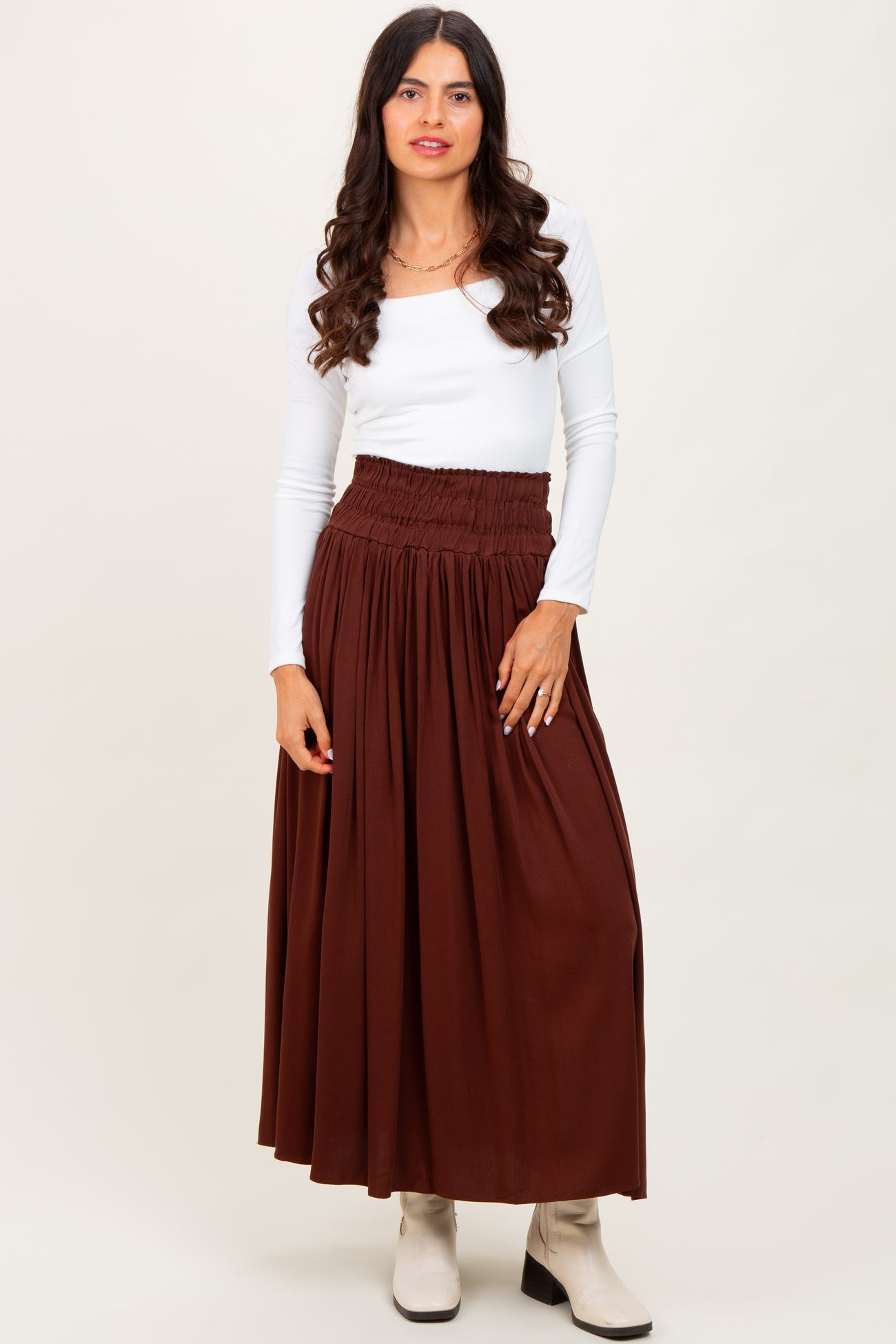 Brown Smocked Waistband Pleated Maternity Maxi Skirt