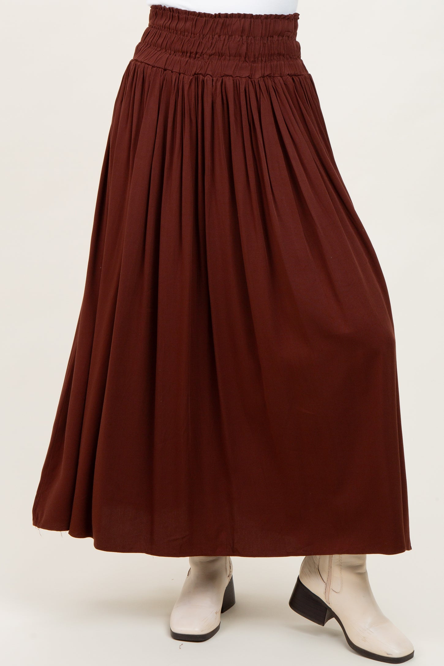 Brown Smocked Waistband Pleated Maxi Skirt