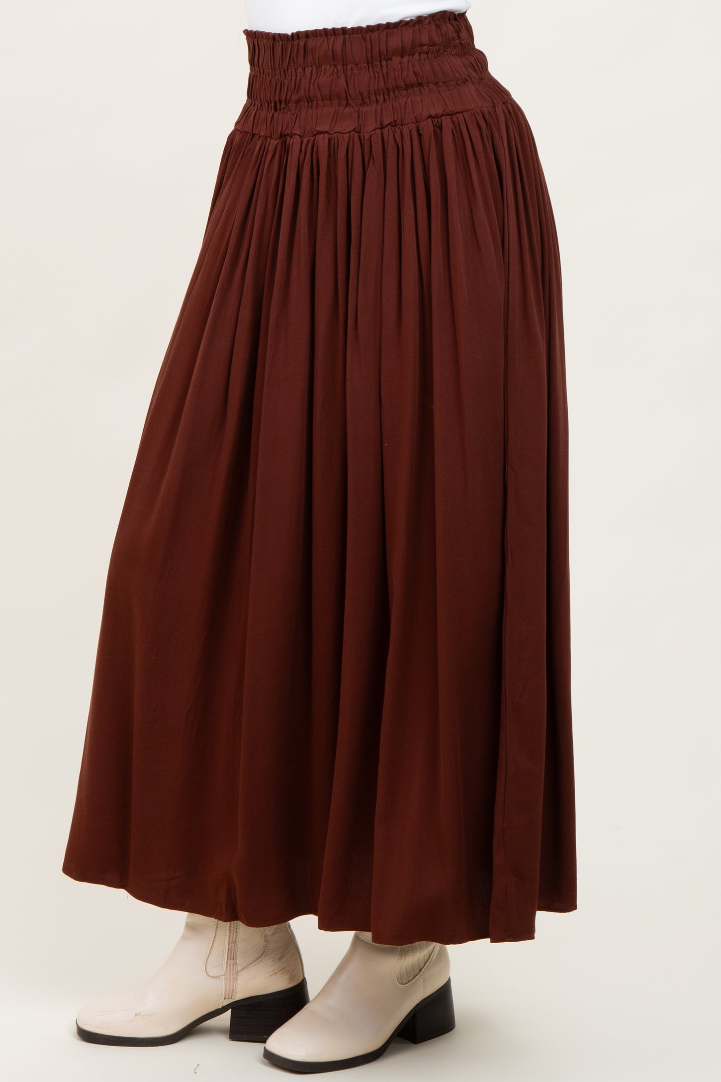 Brown Smocked Waistband Pleated Maxi Skirt
