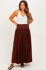 Brown Smocked Waistband Pleated Maternity Maxi Skirt