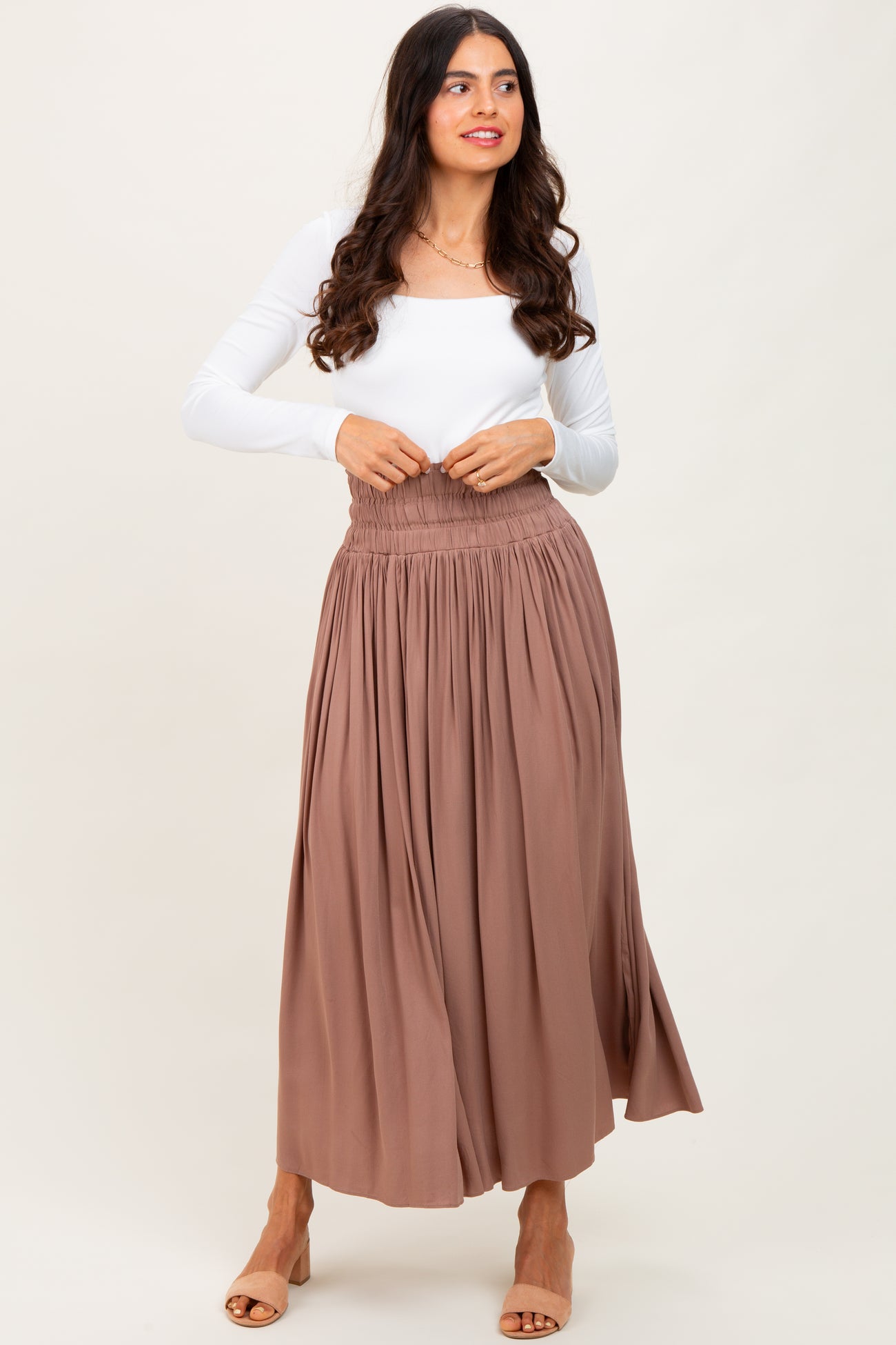 Mocha Smocked Waistband Pleated Maxi Skirt
