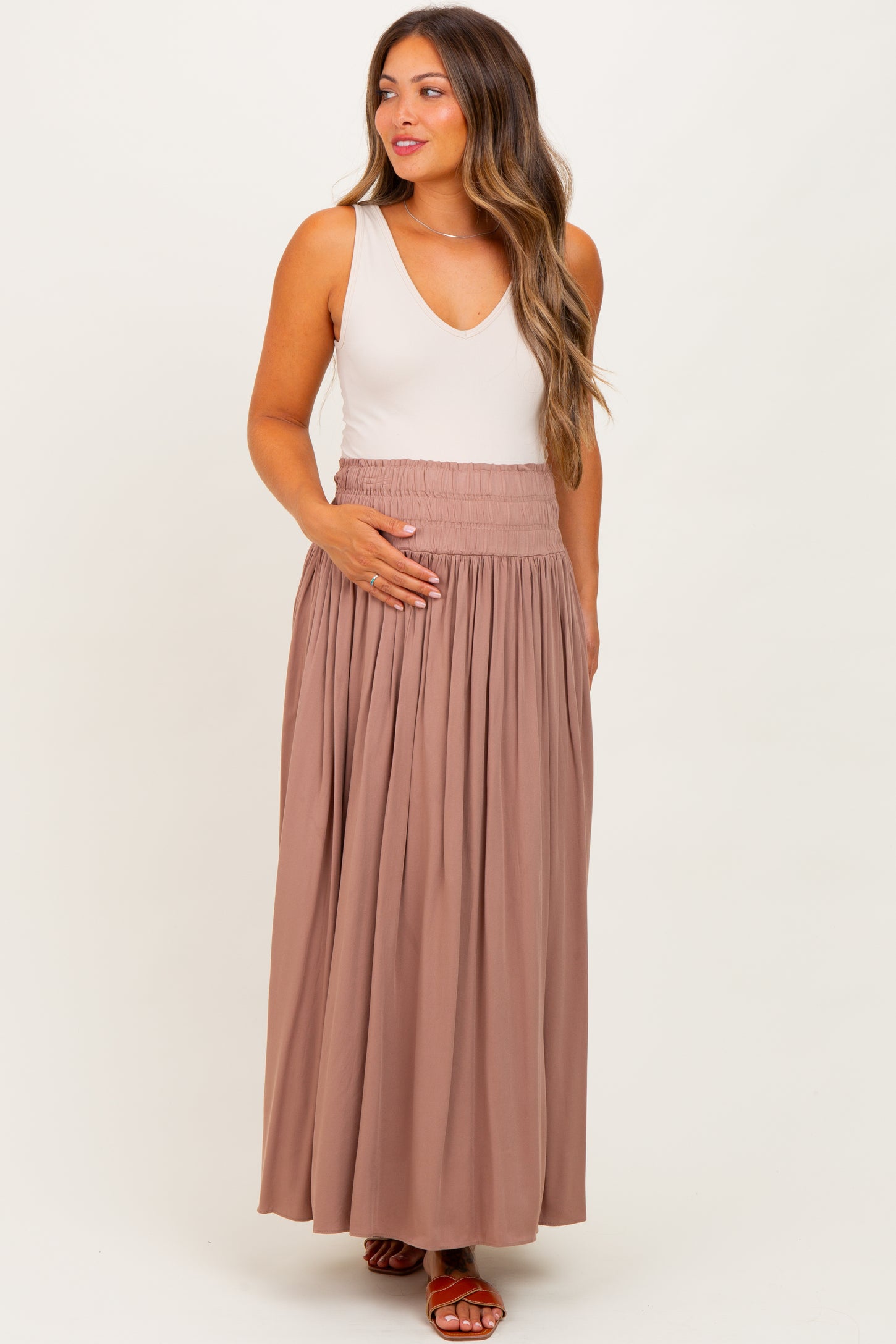 Mocha Smocked Waistband Pleated Maternity Maxi Skirt