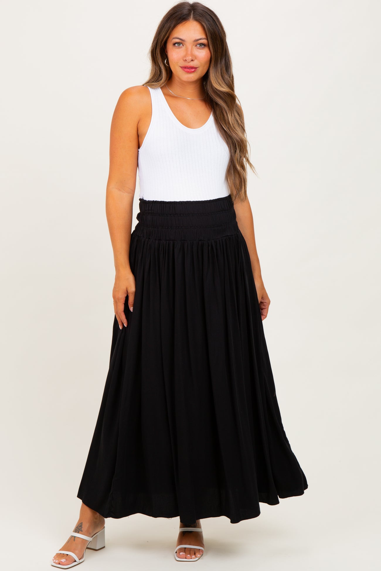 Black Smocked Waistband Pleated Maternity Maxi Skirt