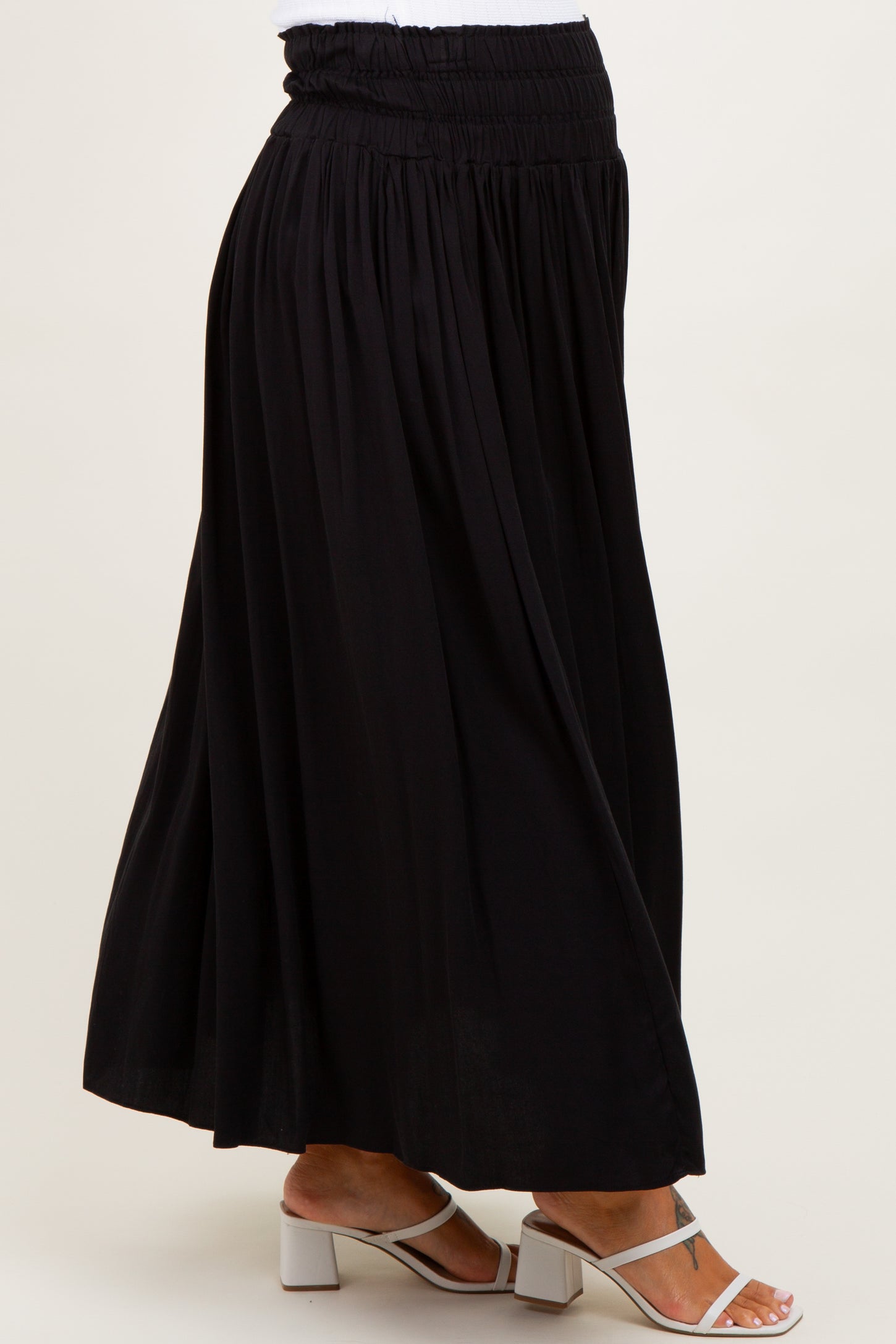 Black Smocked Waistband Pleated Maternity Maxi Skirt