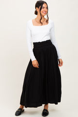 Black Smocked Waistband Pleated Maxi Skirt