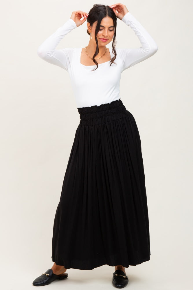 Black Smocked Waistband Pleated Maxi Skirt