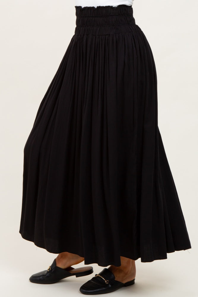 Black Smocked Waistband Pleated Maxi Skirt