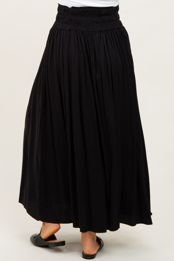 Black Smocked Waistband Pleated Maxi Skirt