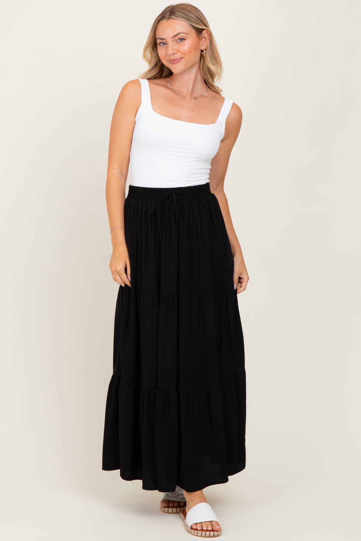 Black Drawstring Tiered Maternity Maxi Skirt