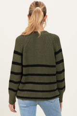 woman wearing an olive green striped maternity sweater, showing the back view with a relaxed fit and soft texture