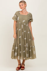 Light Olive Floral Print Ruffle Hem Midi Dress