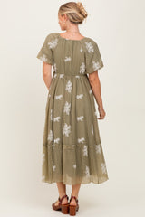 Light Olive Floral Print Ruffle Hem Midi Dress