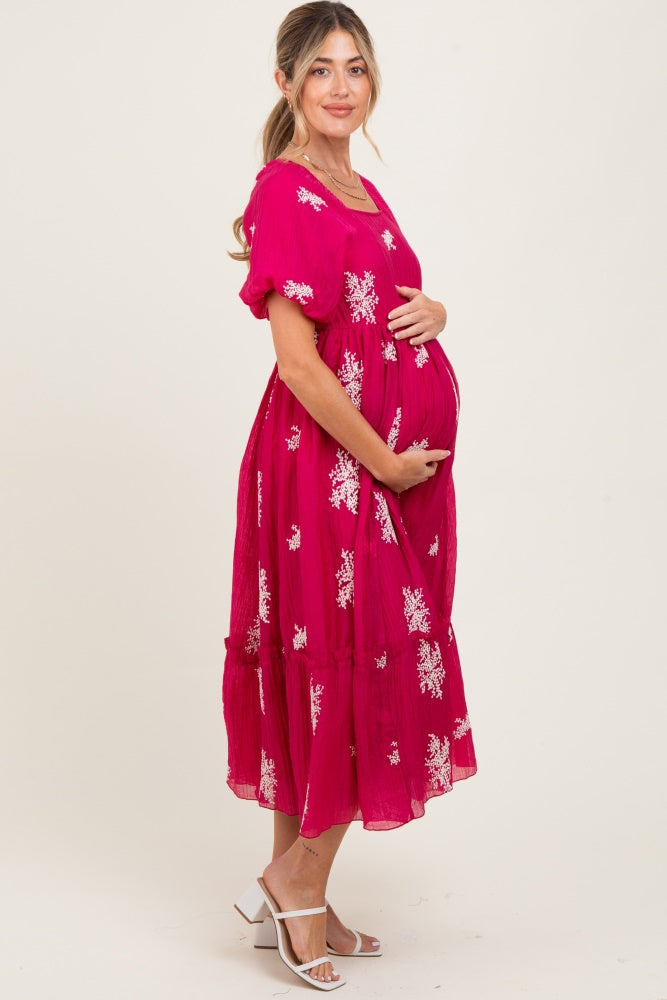 Magenta Floral Print Ruffle Hem Maternity Midi Dress