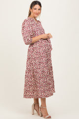 Cream Floral Button Down Front Tie Maternity Midi Dress
