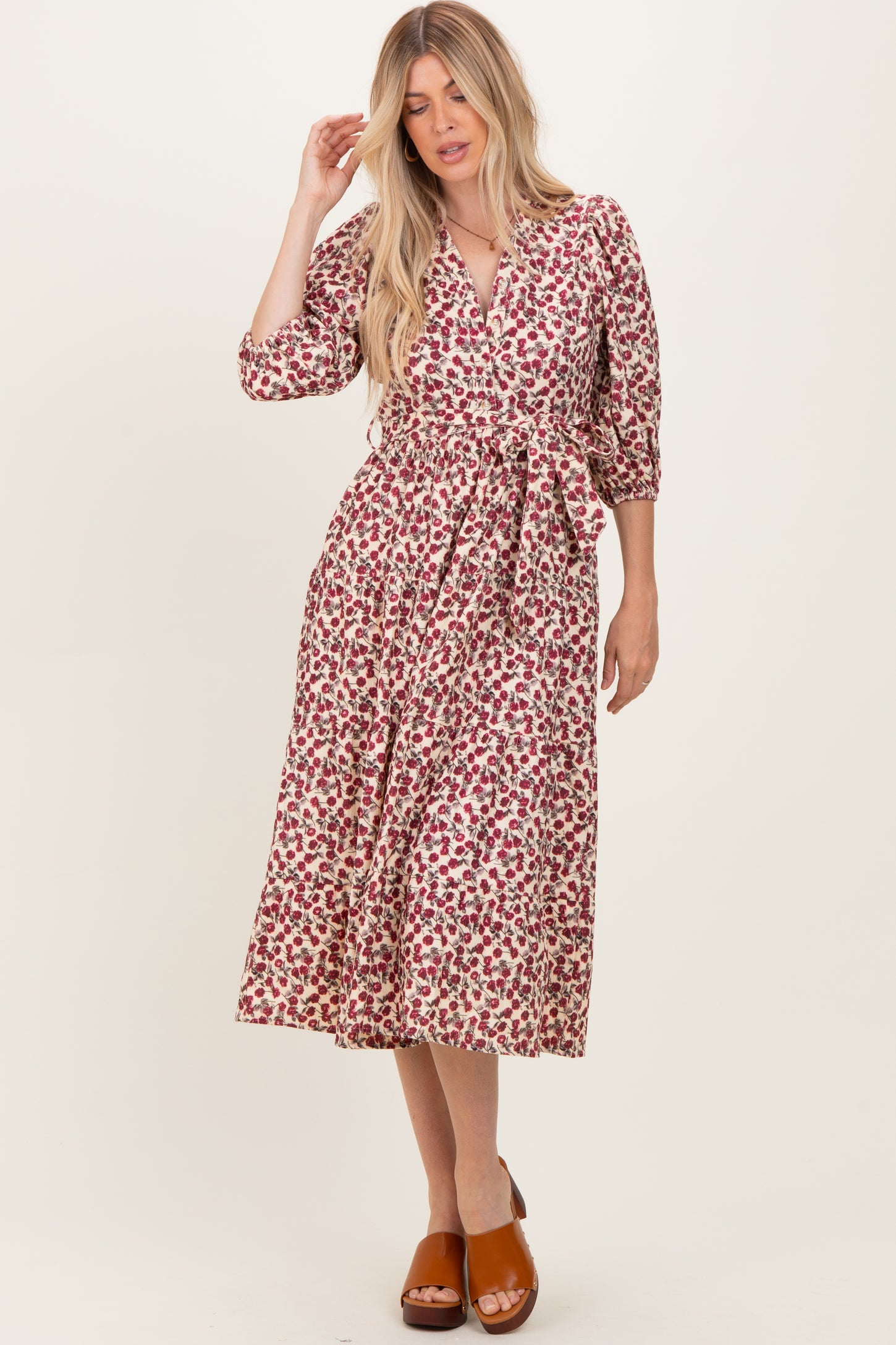 Cream Floral Button Down Front Tie Midi Dress