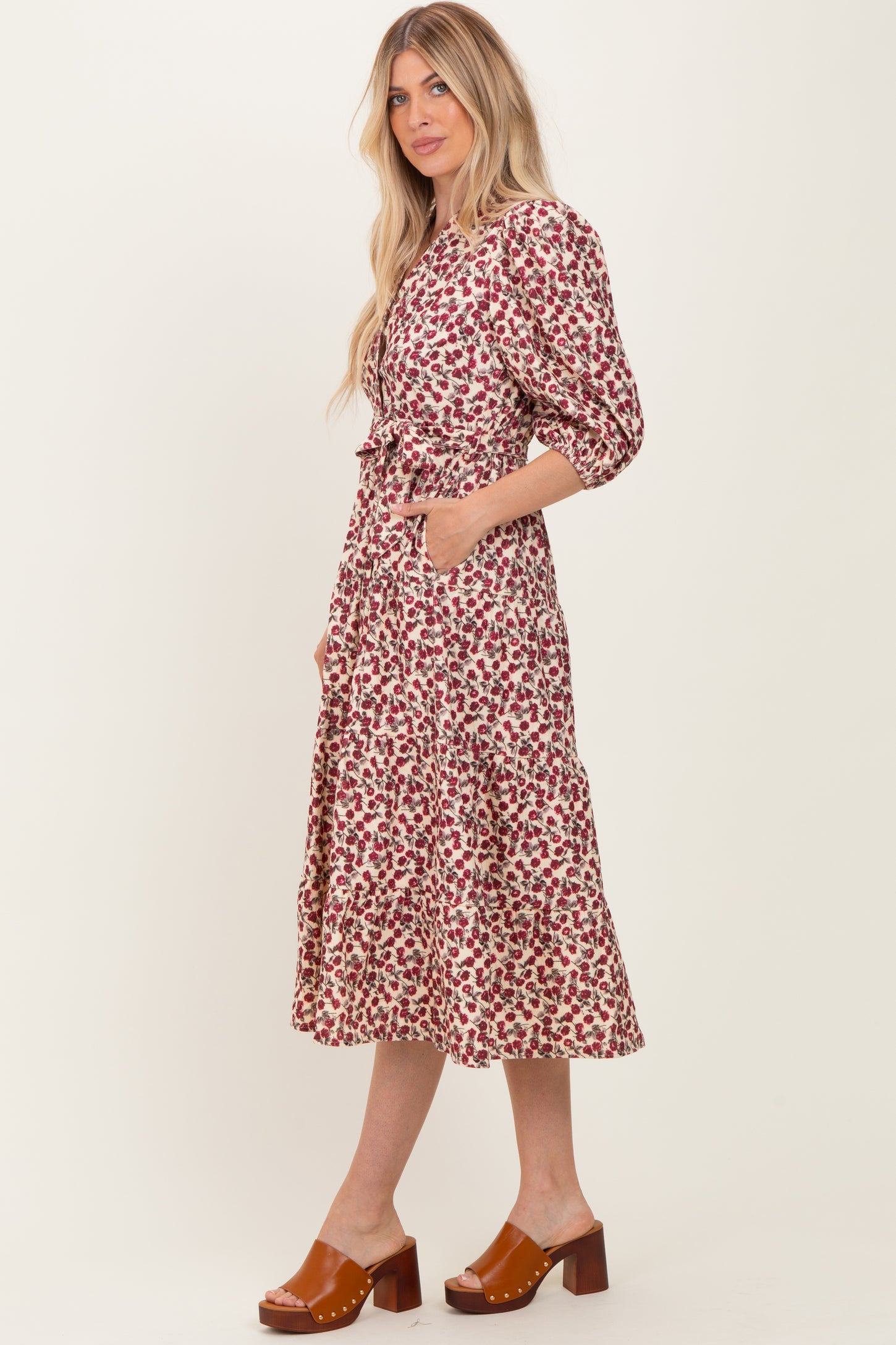 Cream Floral Button Down Front Tie Midi Dress