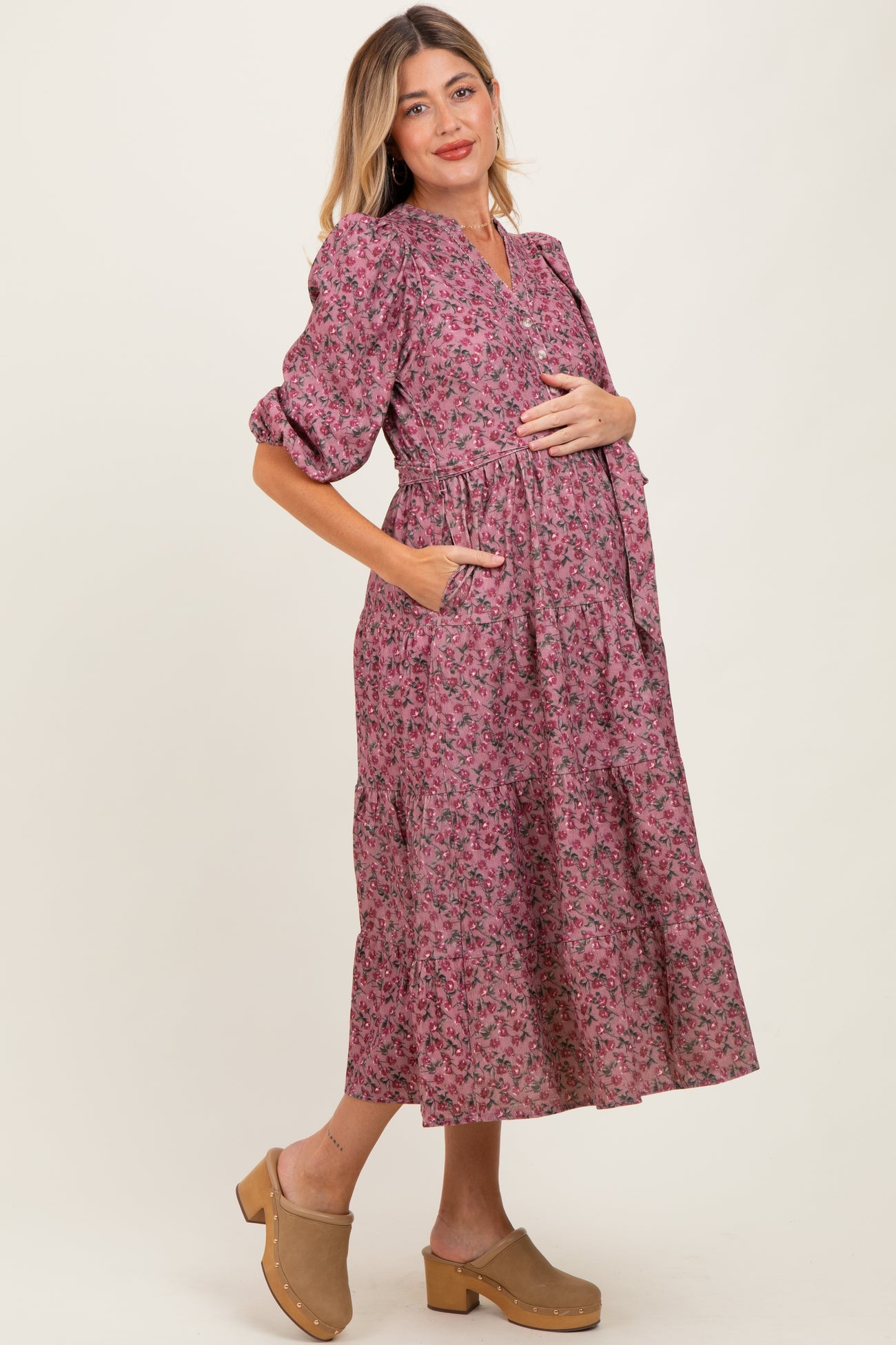 Pink Floral Button Down Front Tie Maternity Midi Dress