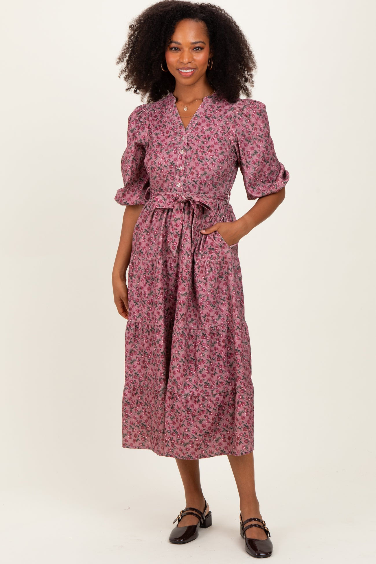 Pink Floral Button Down Front Tie Midi Dress