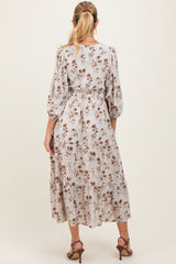 Cream Floral Button Front V-Neck Maternity Midi Dress