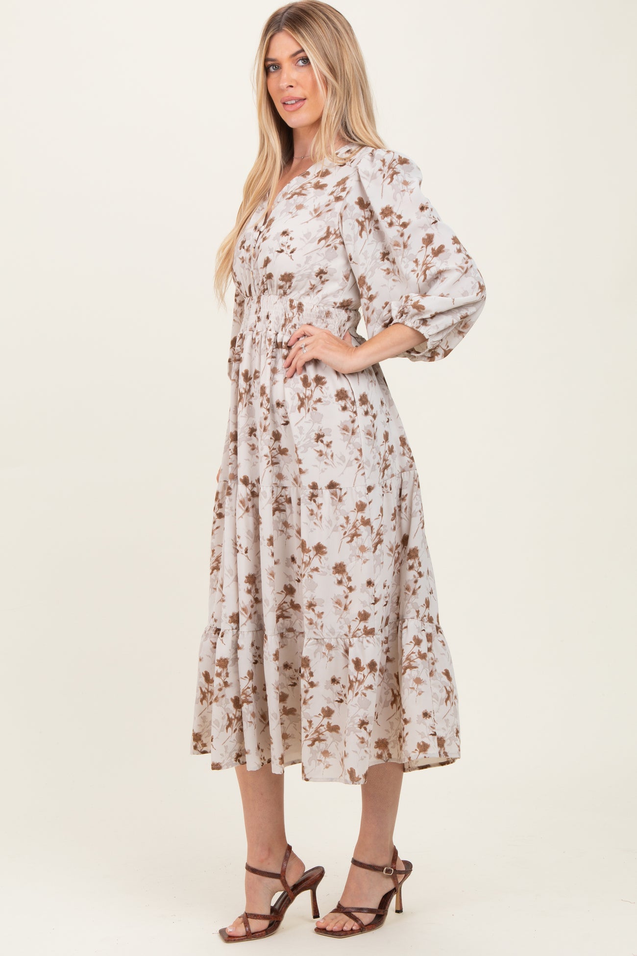 Cream Floral Button Front V-Neck Midi Dress