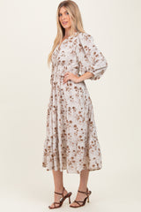 Cream Floral Button Front V-Neck Midi Dress