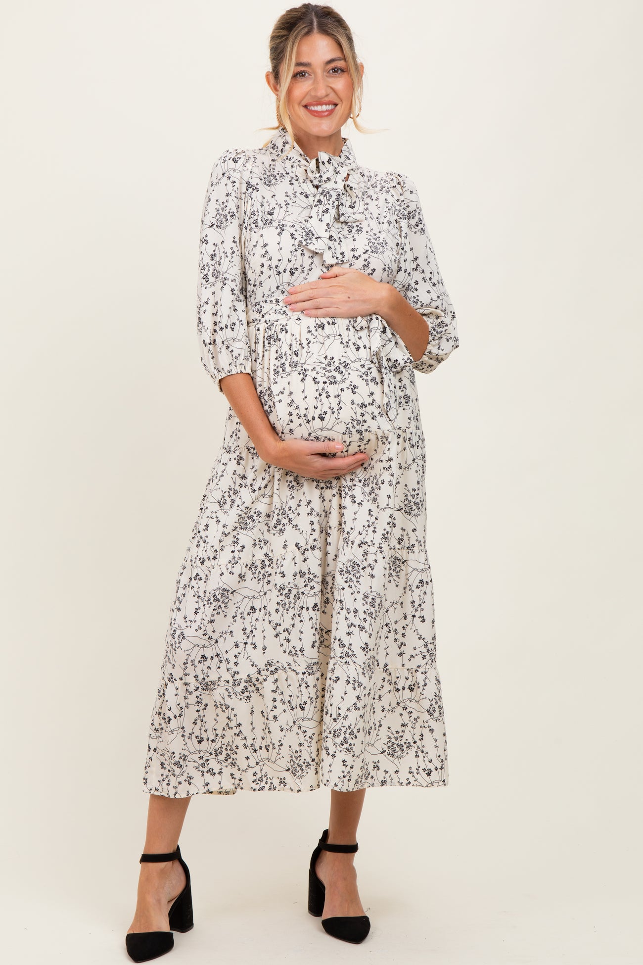 Cream Floral Neck Tie Maternity Midi Dress