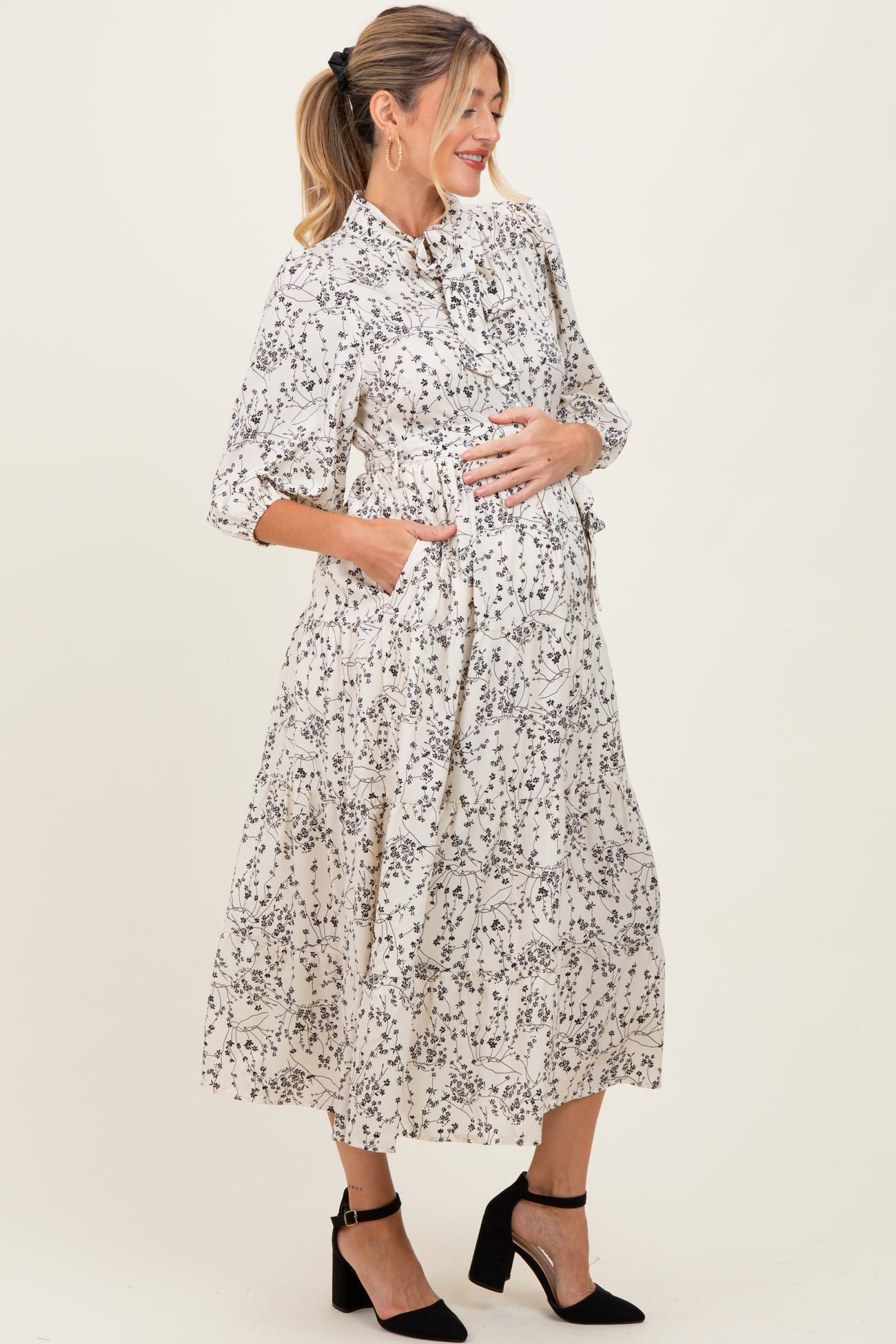Cream Floral Neck Tie Maternity Midi Dress