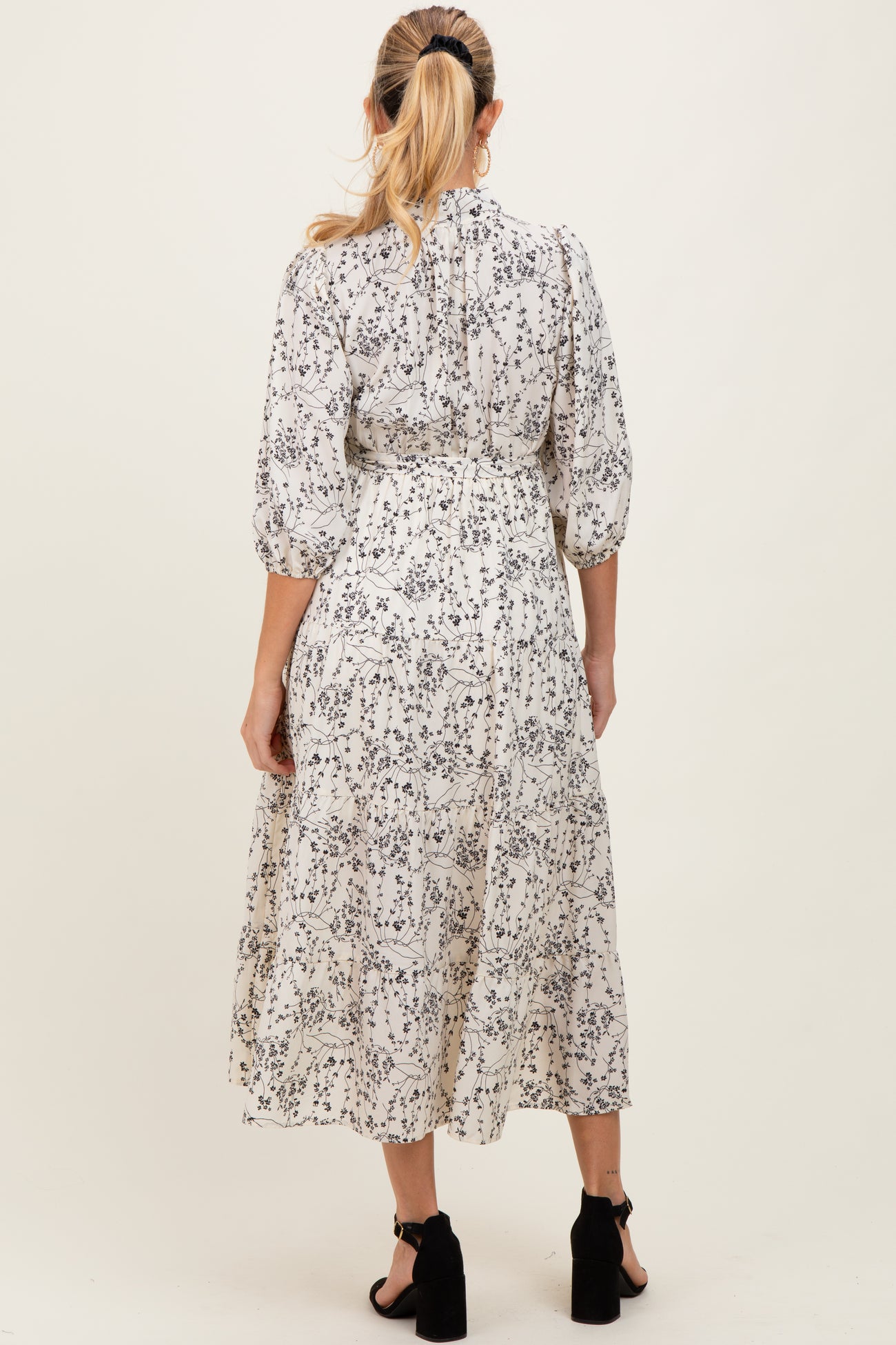 Cream Floral Neck Tie Maternity Midi Dress