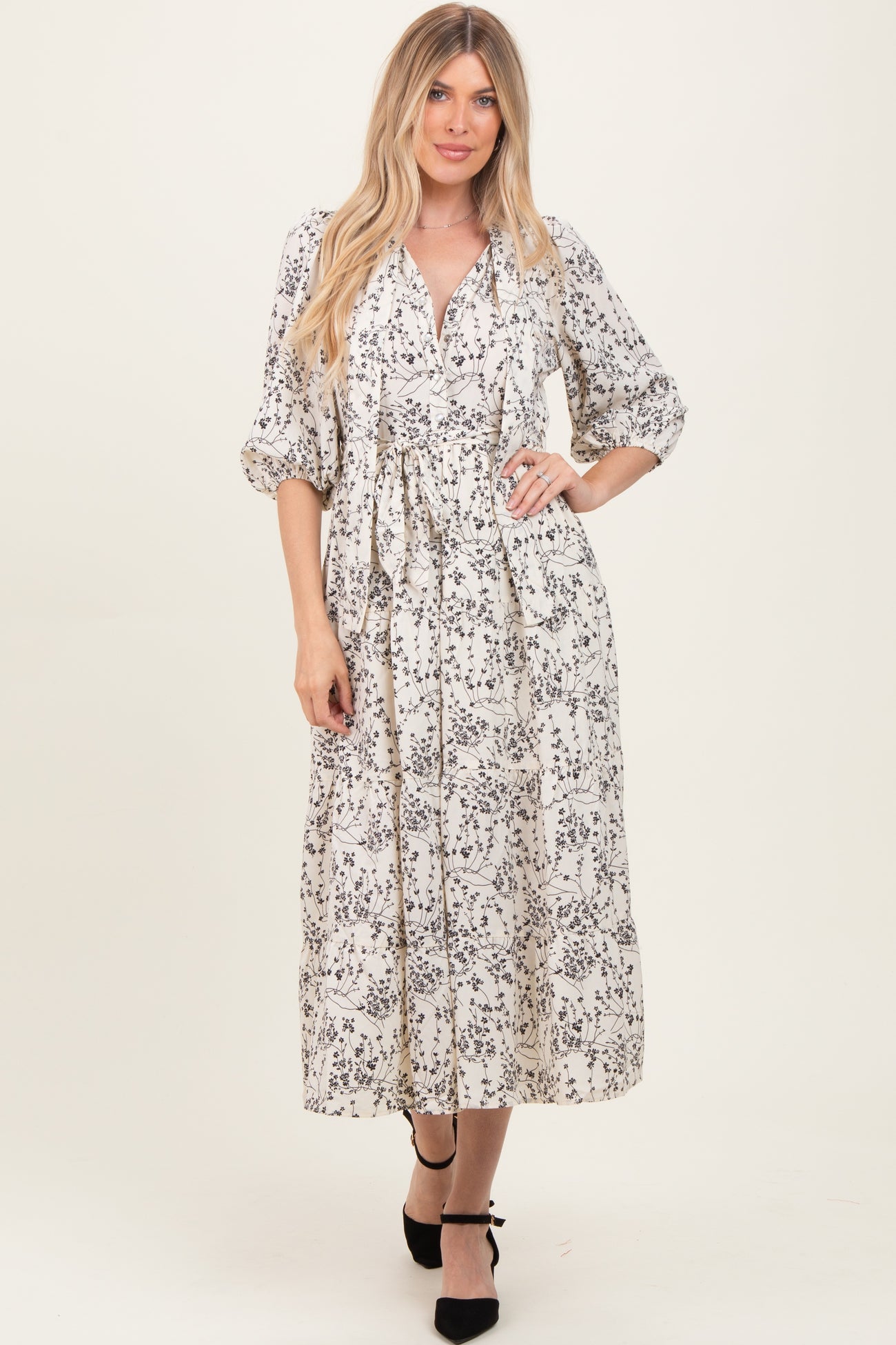 Cream Floral Neck Tie Maternity Midi Dress