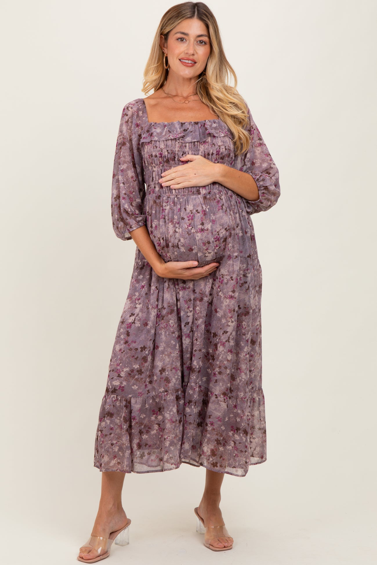 Lavender Floral Square Neck Ruffle Maternity Midi Dress