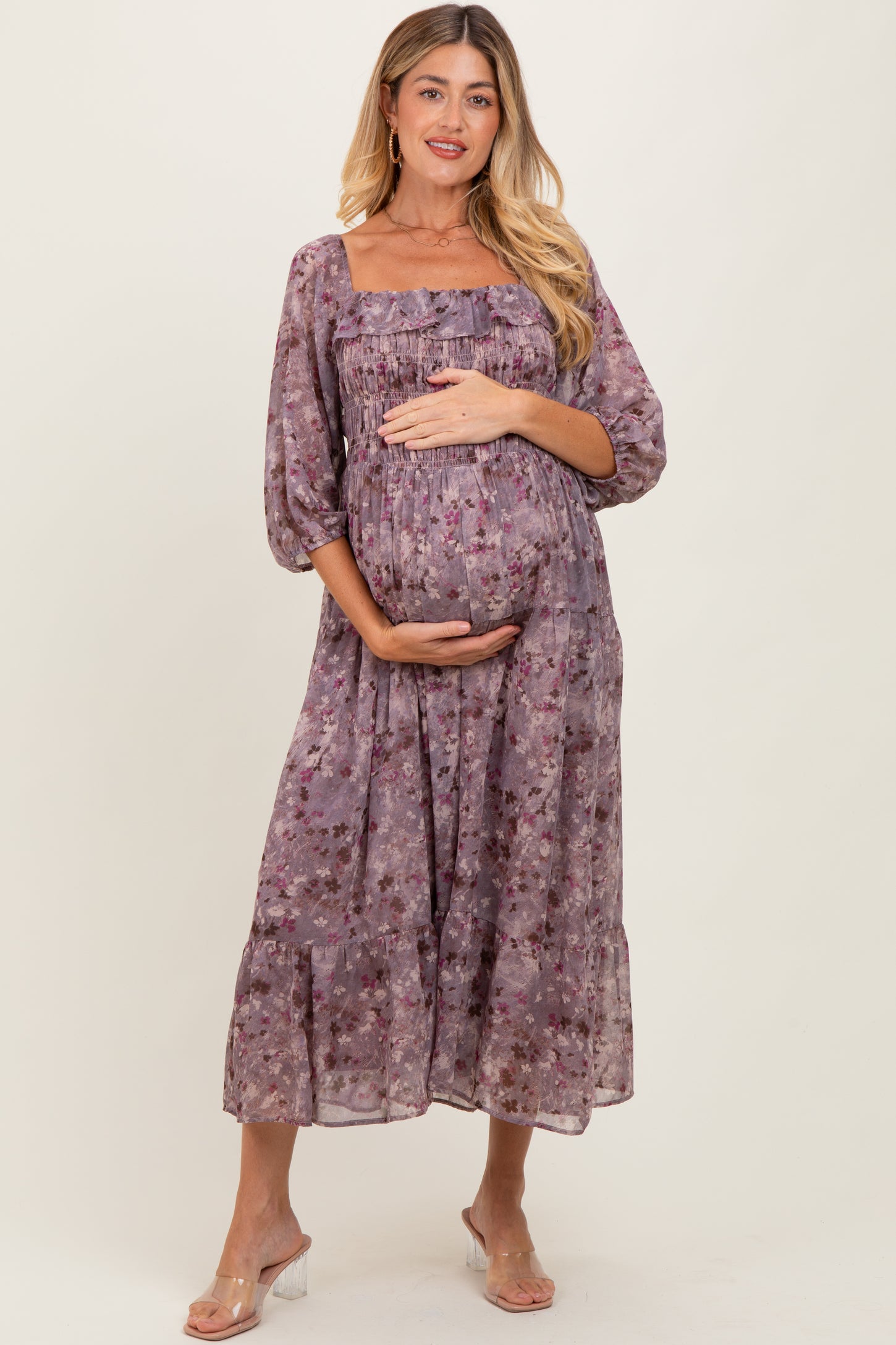 Lavender Floral Square Neck Ruffle Maternity Midi Dress