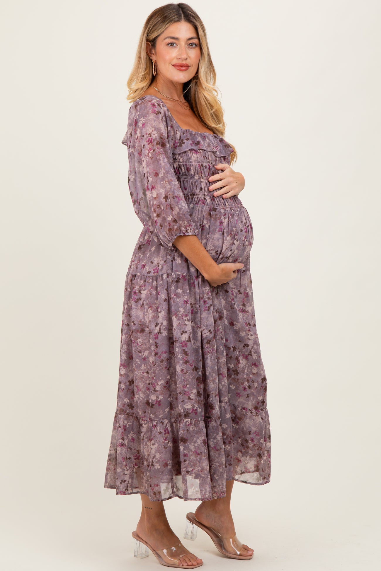 Lavender Floral Square Neck Ruffle Maternity Midi Dress