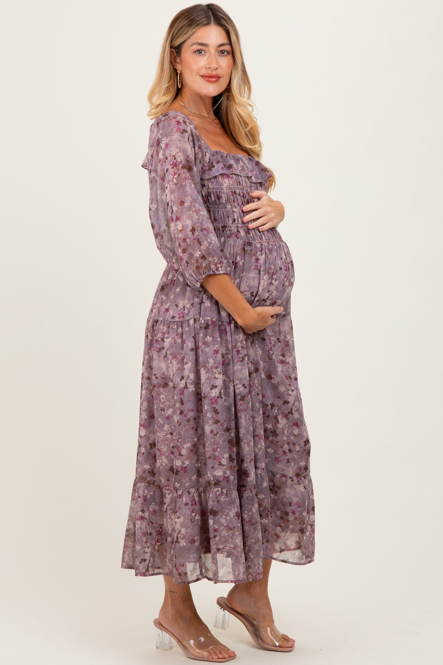 Lavender Floral Square Neck Ruffle Maternity Midi Dress
